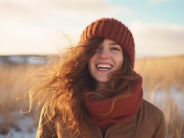 写真 冬の日にのんびり散歩を楽しむ女性