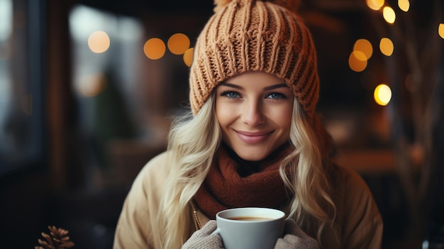 Женщина наслаждается кофе среди праздничных украшений
