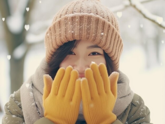 사진 여자는 감정적인 장난스러운 포즈로 겨울날을 즐긴다