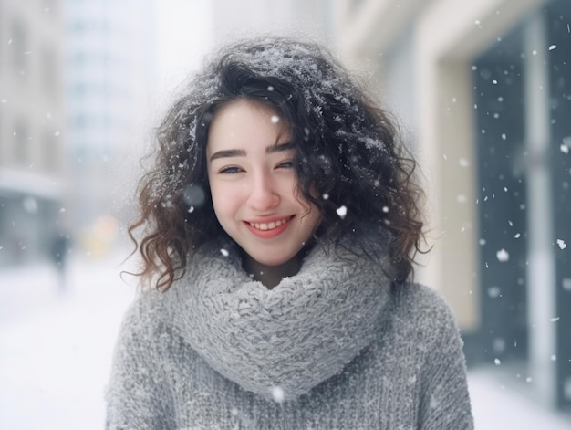 사진 여자는 감정적인 장난스러운 포즈로 겨울날을 즐긴다