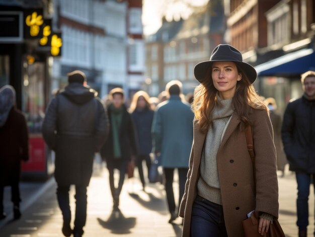 Woman enjoys a leisurely walk in the heart of the city