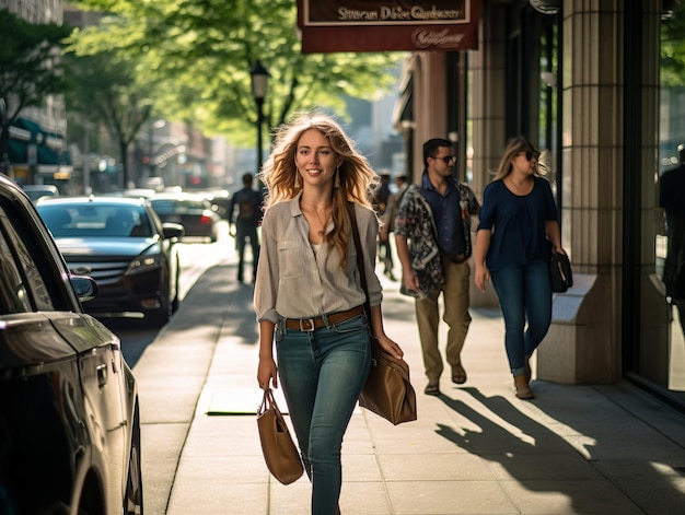 Woman enjoys a leisurely walk in the heart of the city