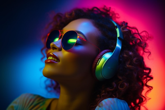 Photo a woman enjoys listening to music using earphones on a color background