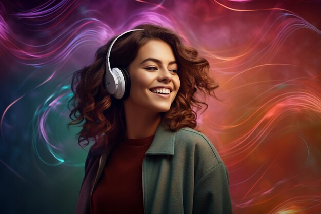 Photo a woman enjoys listening to music using earphones on a color background