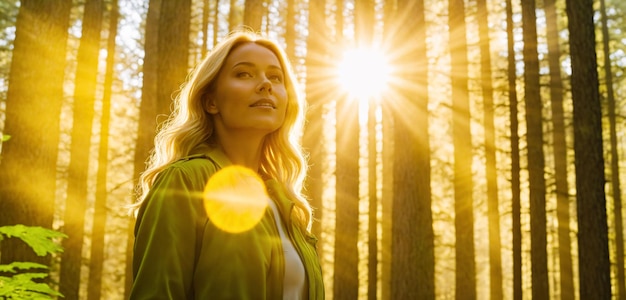 Foto una donna si gode il sole mentre cammina nella foresta