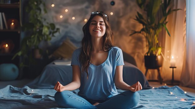 A woman enjoys a tranquil moment of meditation in a cozy illuminated room the image is AI Generative