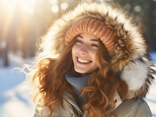 Woman enjoys in the winter day in emotional playful pose