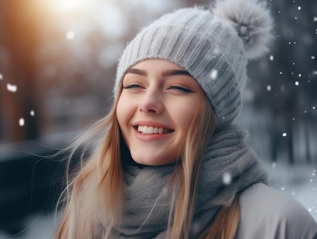 Photo woman enjoys in the winter day in emotional playful pose