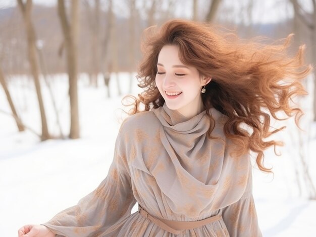 Photo woman enjoys in the winter day in emotional playful pose