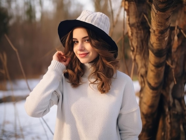 Woman enjoys in the winter day in emotional playful pose