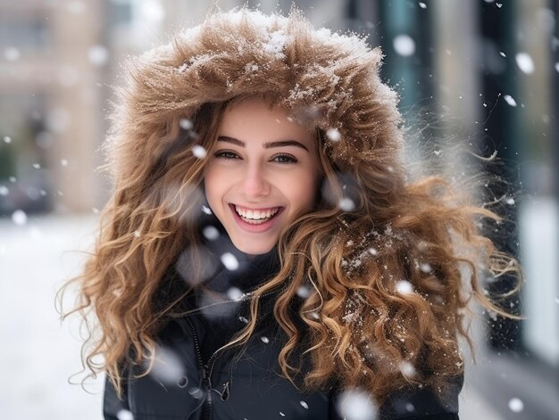 Photo woman enjoys in the winter day in emotional playful pose