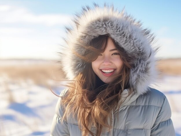 Woman enjoys in the winter day in emotional playful pose