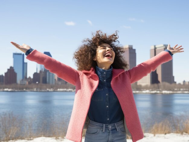 Photo woman enjoys in the winter day in emotional playful pose