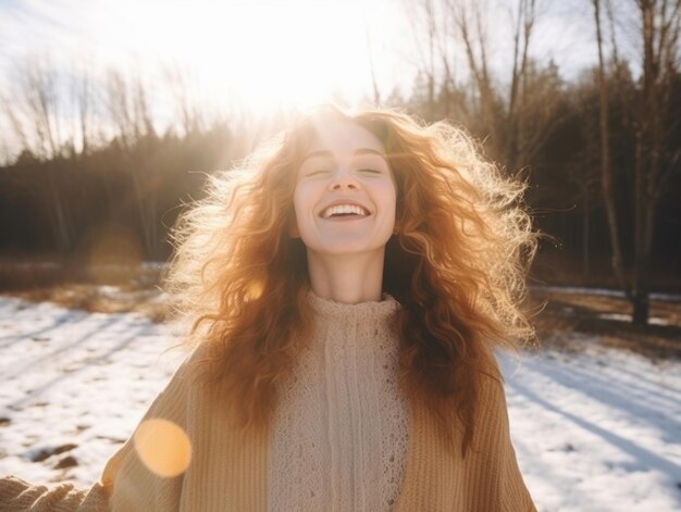 Woman enjoys in the winter day in emotional playful pose