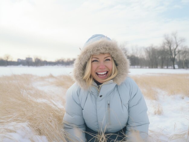 Woman enjoys in the winter day in emotional playful pose