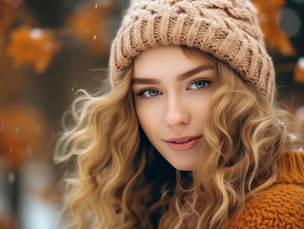 Woman enjoys in the winter day in emotional playful pose