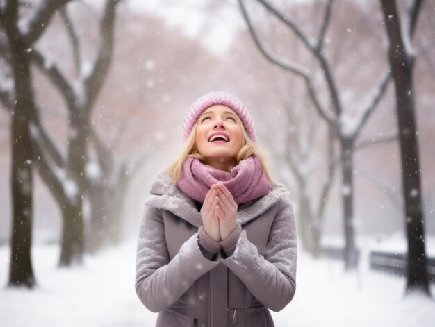 Woman enjoys in the winter day in emotional playful pose