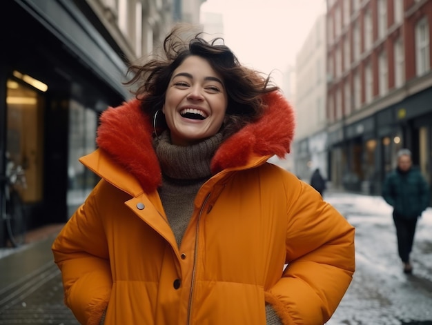 Woman enjoys in the winter day in emotional playful pose