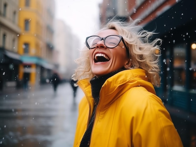 Woman enjoys in the winter day in emotional playful pose