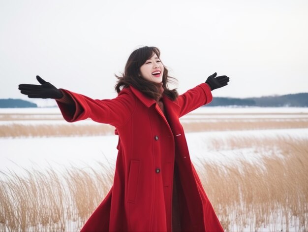 Photo woman enjoys in the winter day in emotional playful pose