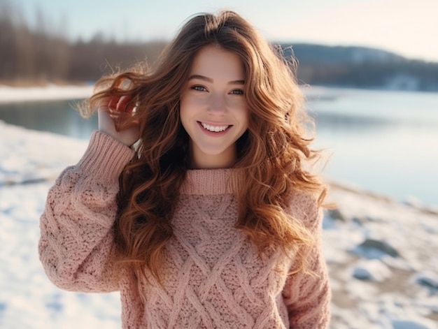 Photo woman enjoys in the winter day in emotional playful pose