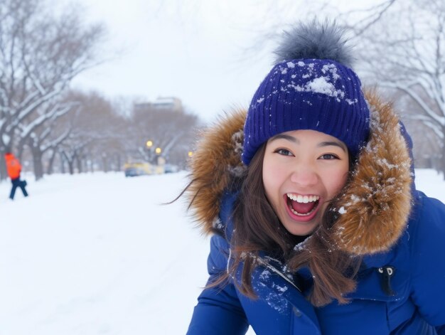 Photo woman enjoys in the winter day in emotional playful pose