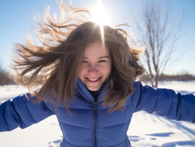 Photo woman enjoys in the winter day in emotional playful pose