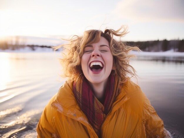 Photo woman enjoys in the winter day in emotional playful pose