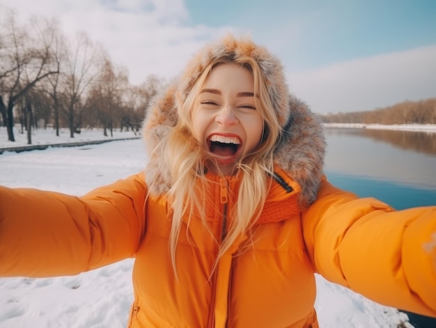 Woman enjoys in the winter day in emotional playful pose