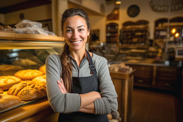 Woman entrepreneur demonstrates newly opened own local bakery