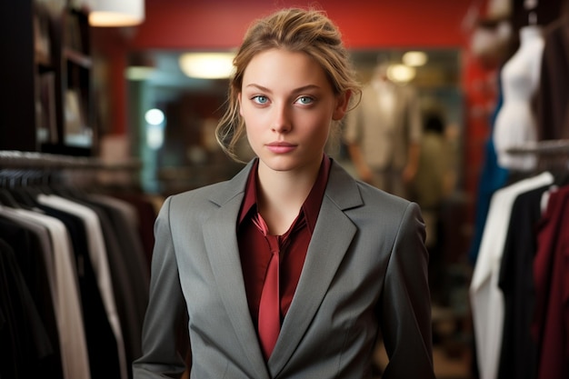 Photo woman entrepreneur standing in suit shop bokeh style background