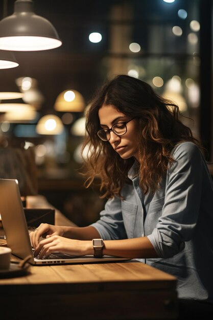 Un'imprenditrice che scrive su un portatile che fa gli straordinari in un ufficio