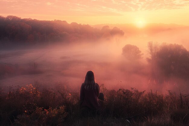 Foto una donna avvolta in una nebbiosa mattina d'autunno trasuda malinconia