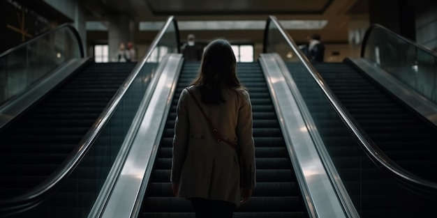 Woman on escalators front view