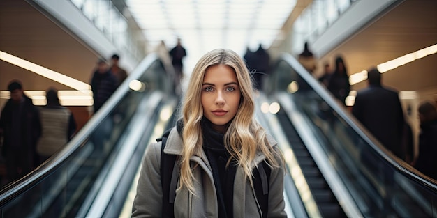 Woman on escalators front view