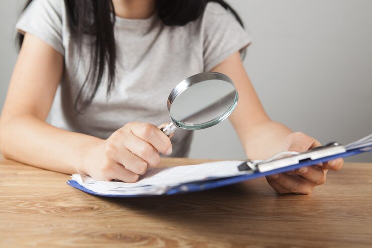 Photo 女性が虫眼鏡で紙を調べる