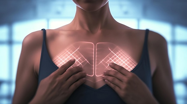 A woman examining her breasts for any changes or symptoms of breast cancer