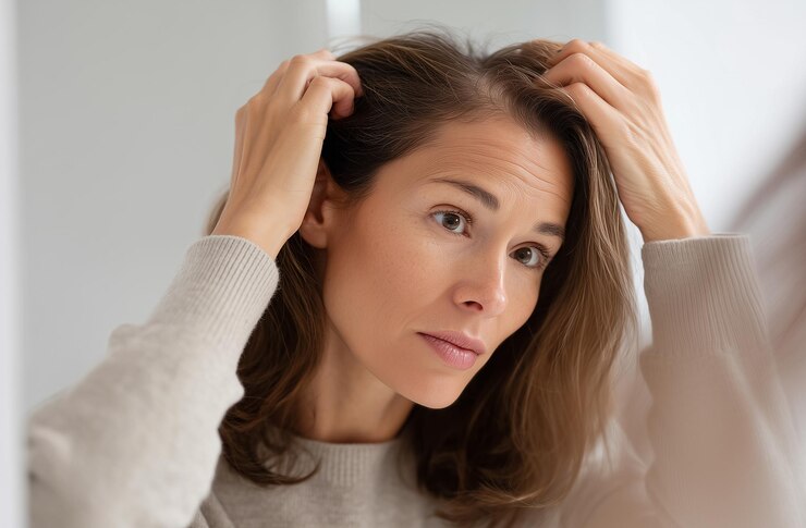 Woman Examining Her Scalp for Hair Loss in the Mirror