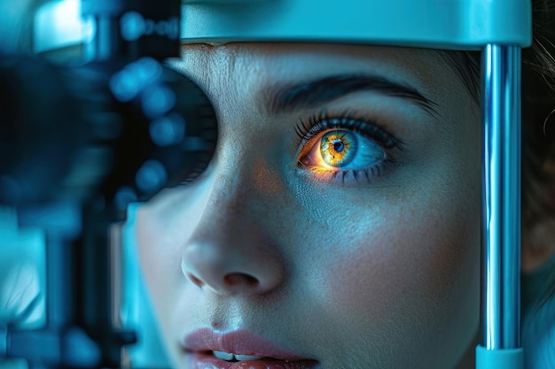 Woman examining specimen through microscope