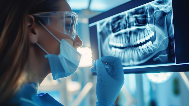 Woman Examining XRay in Medical Mask