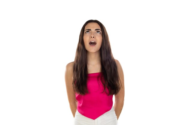 Woman excited wearing pink top