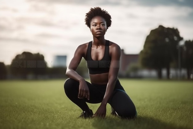 Женщина упражняется в парке, африканская тренировка, спортсмен, американский спорт, фитнес, девушка, бег, йога, Generative AI