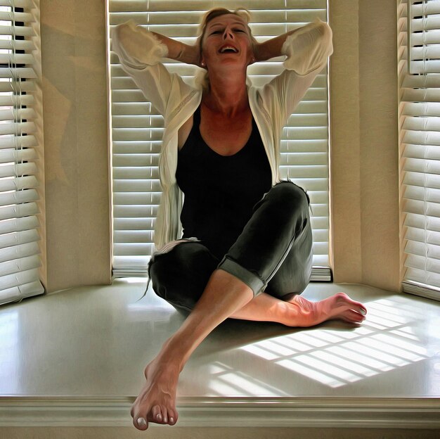 Photo woman exercising against window at home