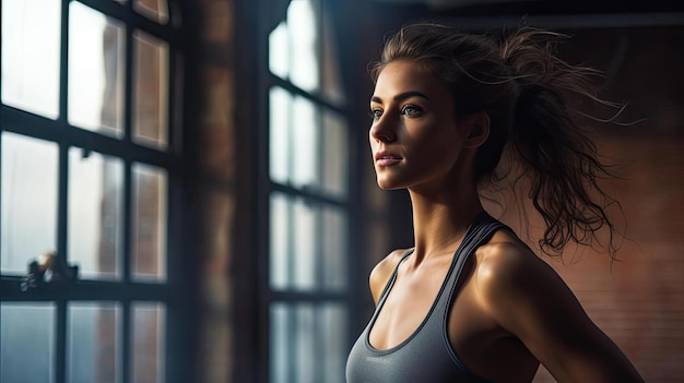 a woman exercising near a window in the style of emotive facial expressions