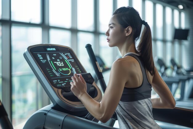 Photo woman exercising on a treadmill in a modern gym