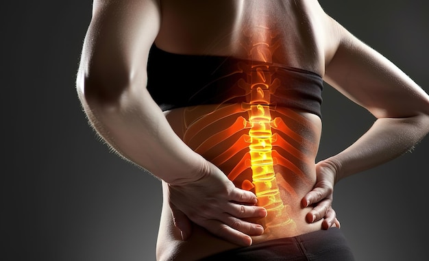 Женщина испытывает боль в спине область, показывающая дискомфорт, подчеркнутая концепция здоровья и медицины