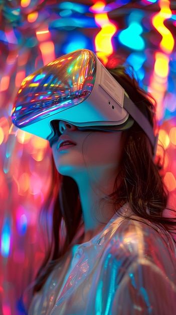 Foto donna che sperimenta la realtà virtuale in una stanza illuminata al neon