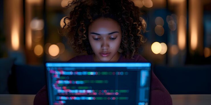 Photo a woman expert coding complex algorithms on her laptop screen concept technology coding algorithms computer science work from home