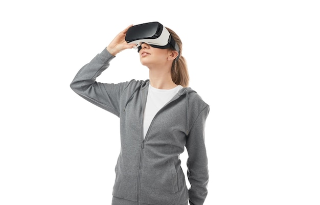 Woman exploring cyberspace in vr glasses