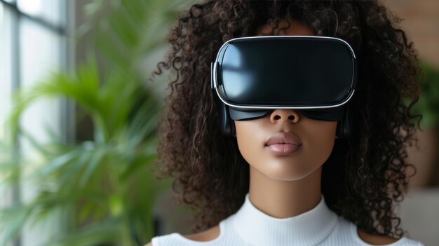 Woman exploring virtual environments through VR glasses her face reflecting wonder and excitement